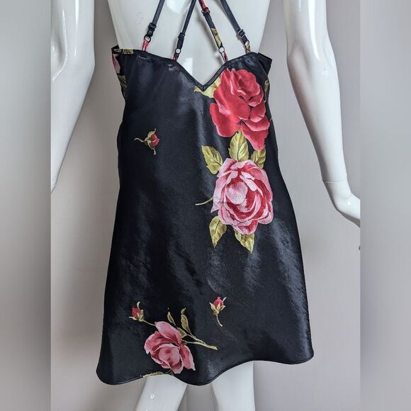 Vintage La Vie en Rose Black Floral Satin Slip Dress – Crisscross Back – SzLarge - Picture 3 of 12
